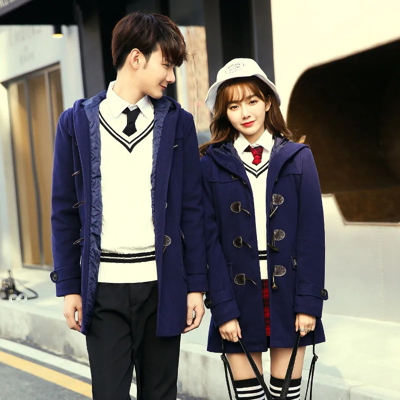 C025 versión coreana de uniformes escolares británicos para parejas, abrigos de lana medianos, chaquetas gruesas de algodón