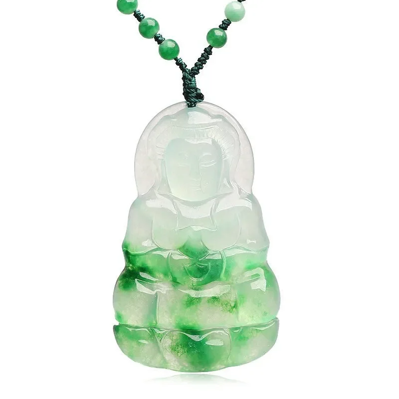 Carved Guanyin Jade Pendant Natural Chinese White Green Jadeite Bodhisattva Necklace Jewellery Fashion Amulet Man Luck Gifts