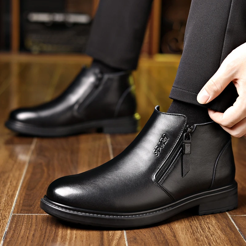 

Layer Cowhide Winter Cotton Shoes Genuine Wool Lined Casual Leather Boots Warm Plush Business Style Comfortable Footwear For Dad