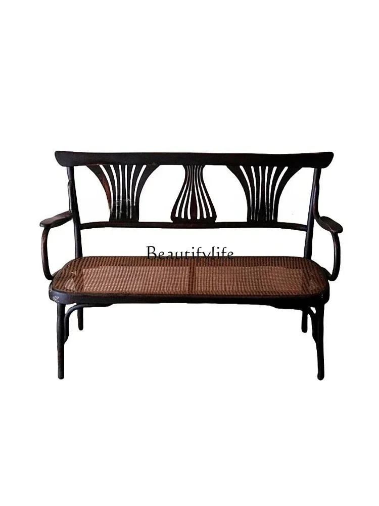 

02 Vintage Solid Wood Distressed Rattan Double/Three-Seater Sofa Retro Carved Flower Bed & Breakfast Cafe Western Rattan Chair