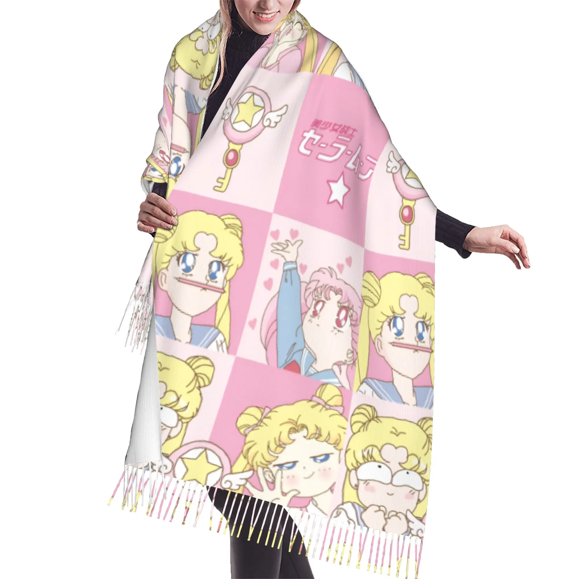 Custom Lady Large Sailored Manga Anime Mooned Scarves Women Winter Fall Soft Warm Tassel Shawl Wraps Usagi Tsukino Scarf