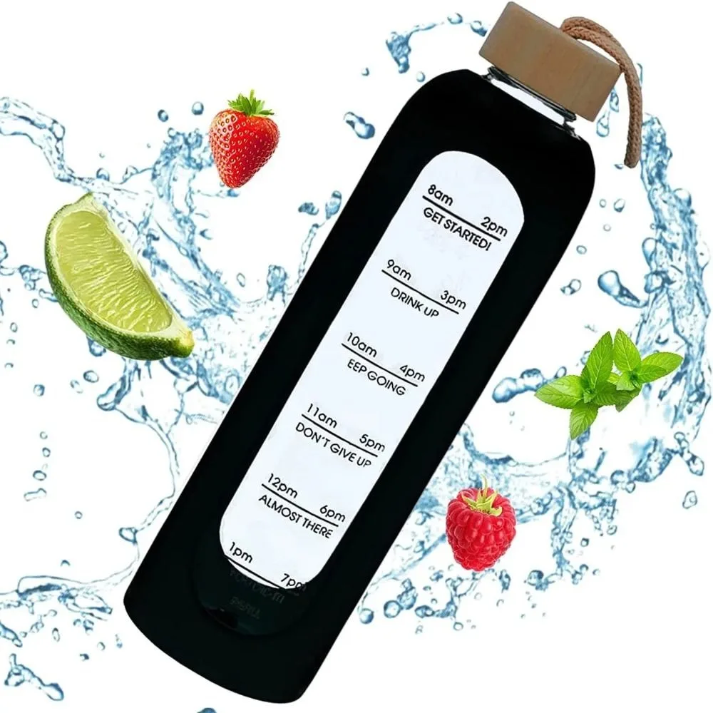 

Bamboo Lid Glass Water Bottles New Time-marked Free of Lead Sports Water Cup Sport Silicone Sleeve Drink Bottle