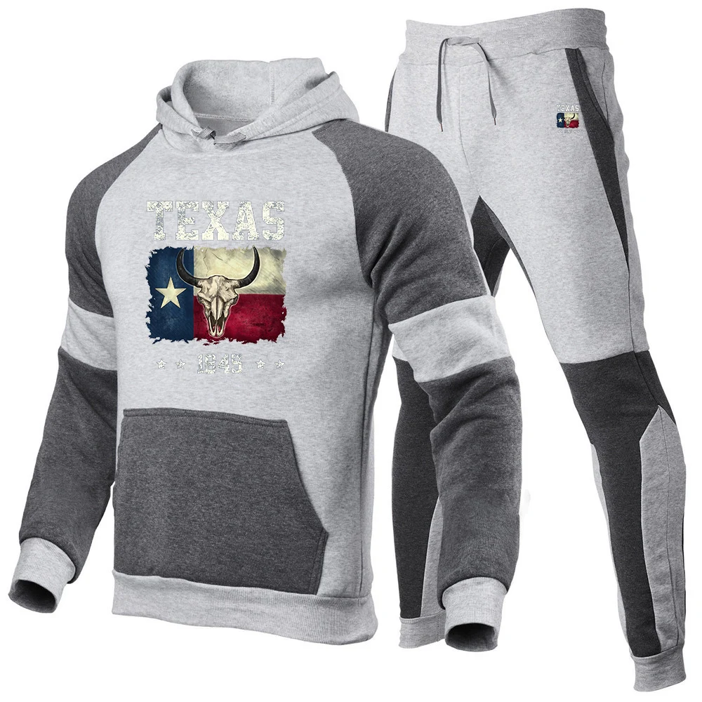 2025 Spring And Autumn Fashion Texas longhorn cow skull pattern New Men's Patchwork Set Casual Hoodie +Trouser Harajuku Suit
