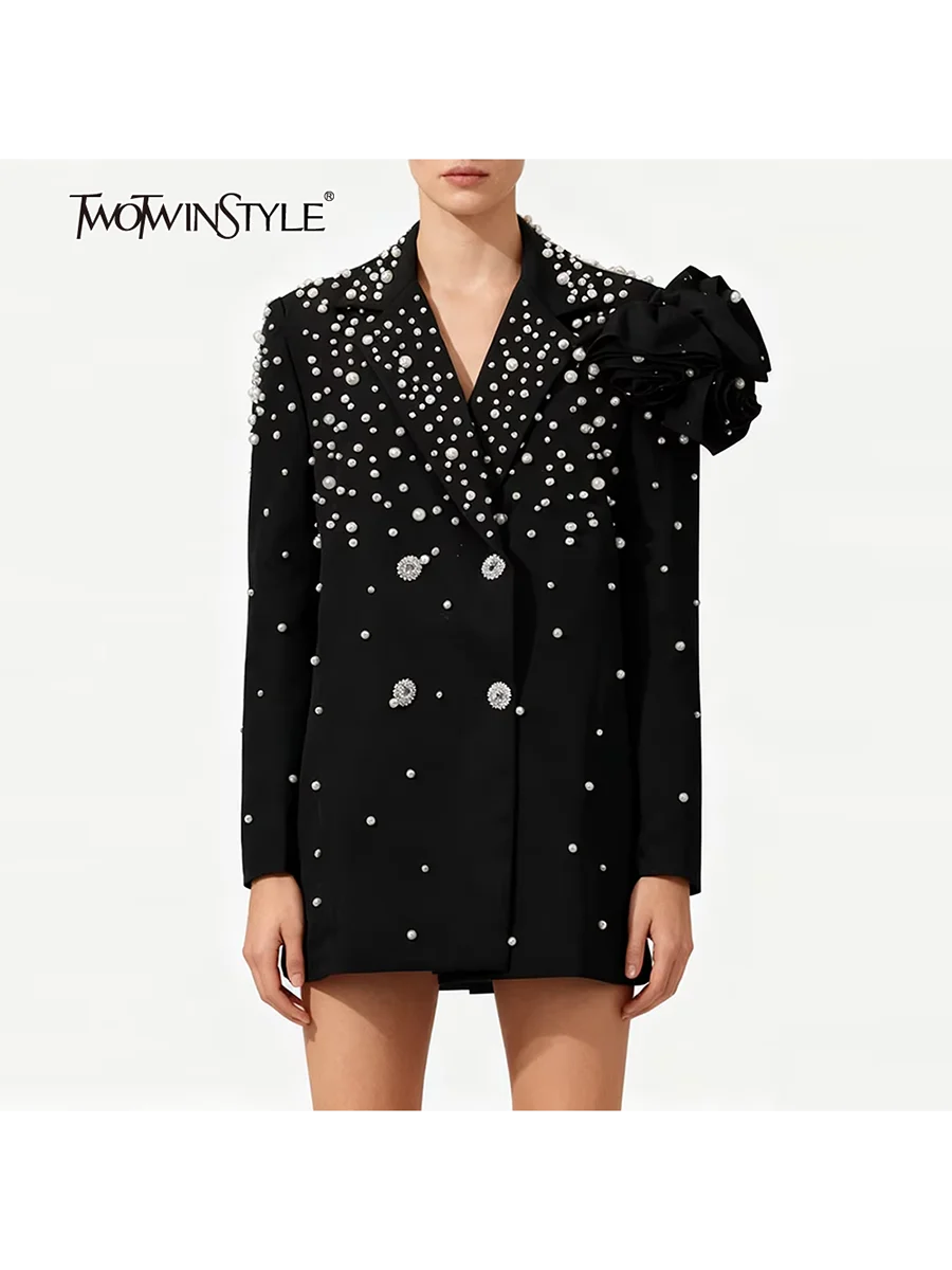 

TWOTWINSTYLE повседневные пиджаки со сращенными бусинами для женщин, элегантный шикарный пиджак с лацканами и длинными рукавами в стиле пэчворк с 3D цветами, женская одежда