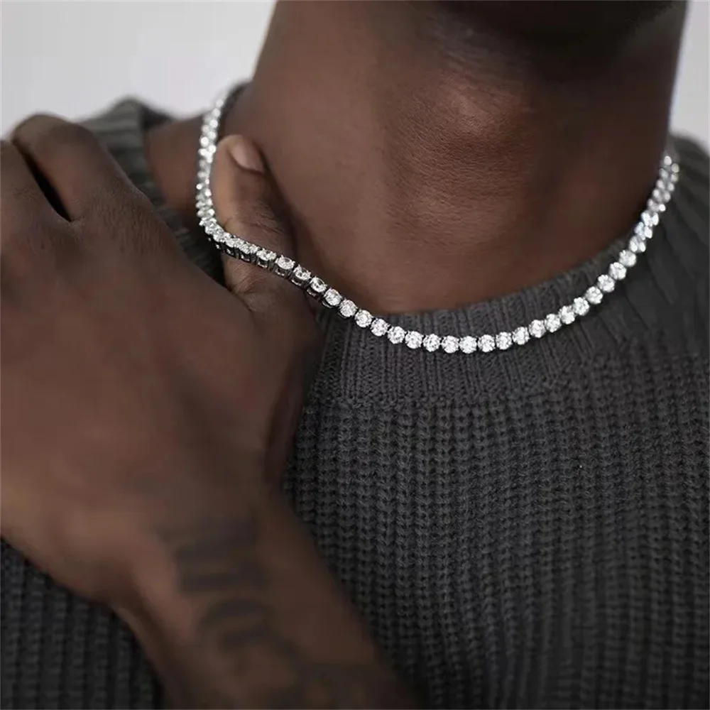 4mm Hip Hop Zircon Crystal Necklace For Men Rock Silver Color Tennis Chain Necklace For Women Fashion Party Jewelry Gift