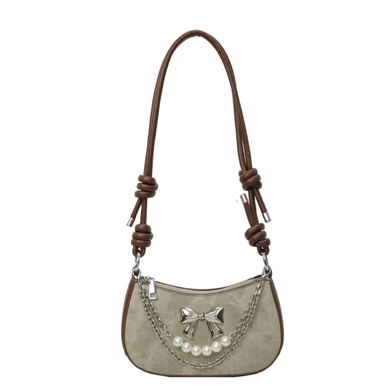 

Stylish Crescent PU Leather Shoulder Bag With Bow Double-Chain Decor Elegant Adjustable Rope Strap Handbag Suitable For Outings