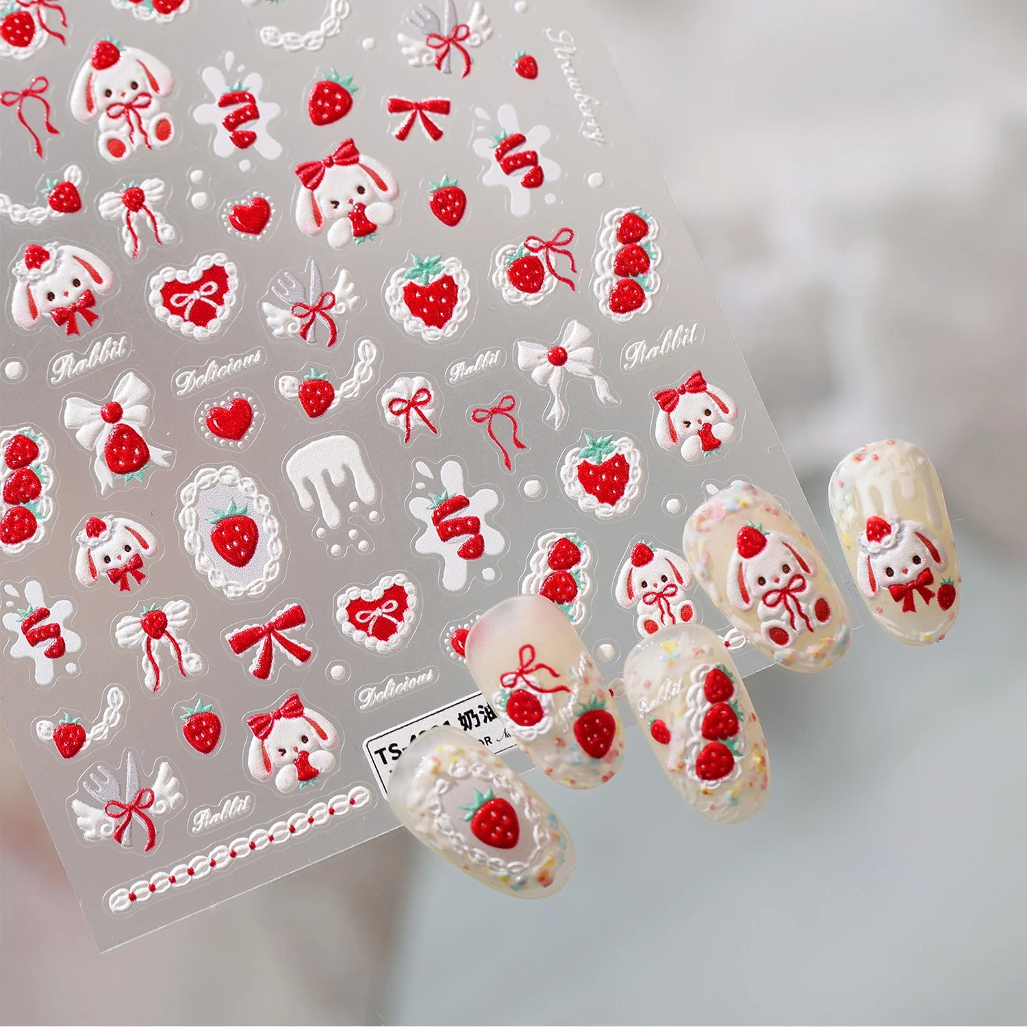 Sweet Strawberry Red Rabbit 5D Nail Art Stickers Heart Streamer Bow Cream Drip Self‑Adhesive Nail Decals Manicure For Girls DIY