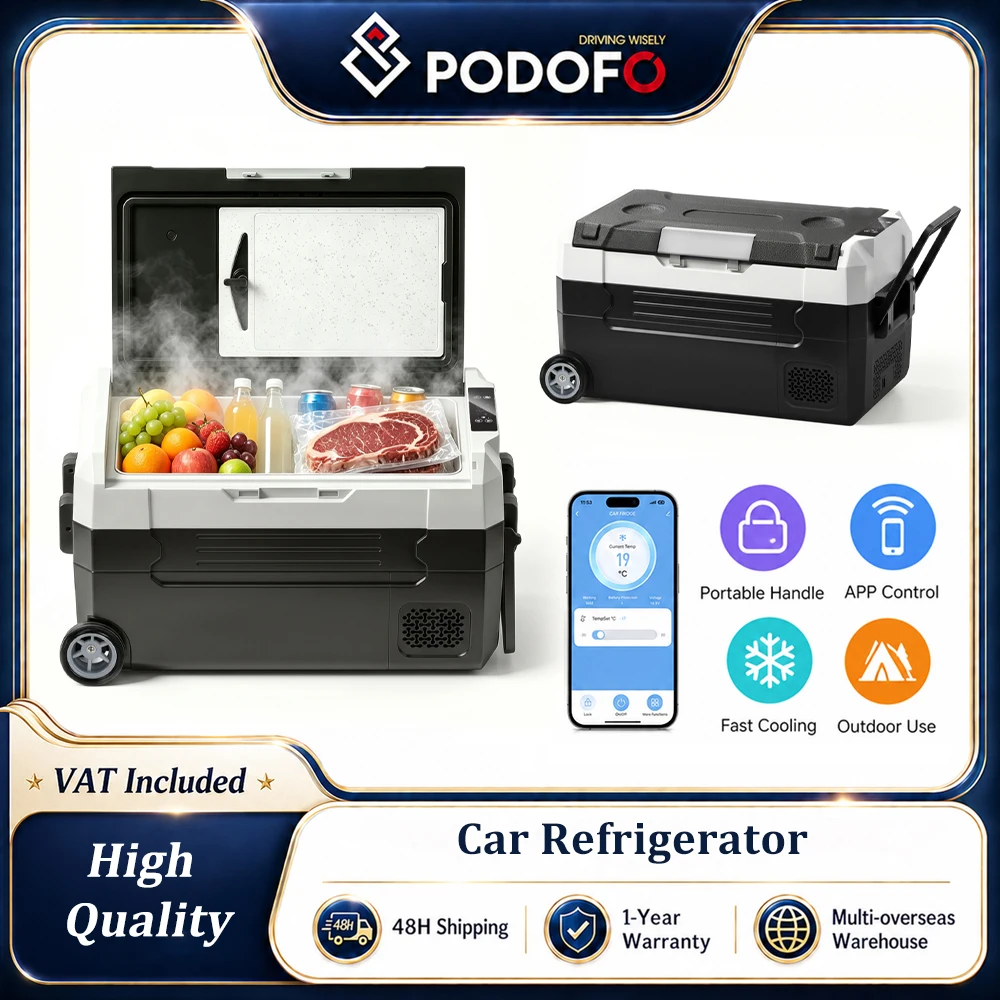 Refrigerador Portátil para Auto Podofo de 35L, 45L, 55L, Enfriador Eléctrico con Compresor, Refrigerador para Camioneta con Control por Aplicación, Ruedas y Doble Alimentación 12/24V DC 110-240V