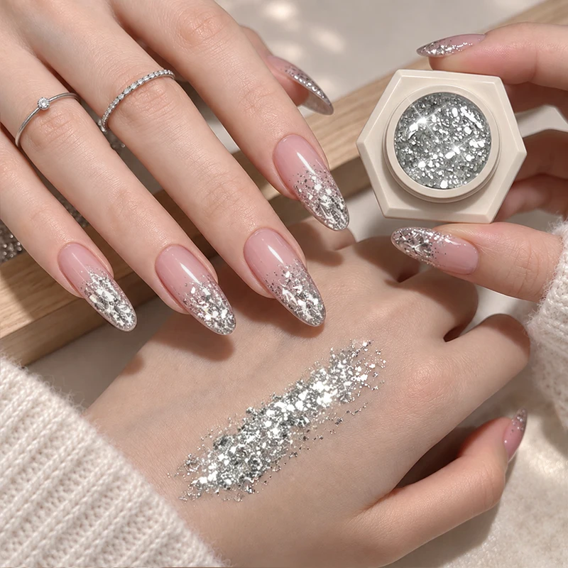 UR SUGAR 5ml Silver Reflective Glitter Gel Chunky Flakes Sequin Sparkle Nail Gel Soak Off UV LED Gel Polish Nail Art Supplies