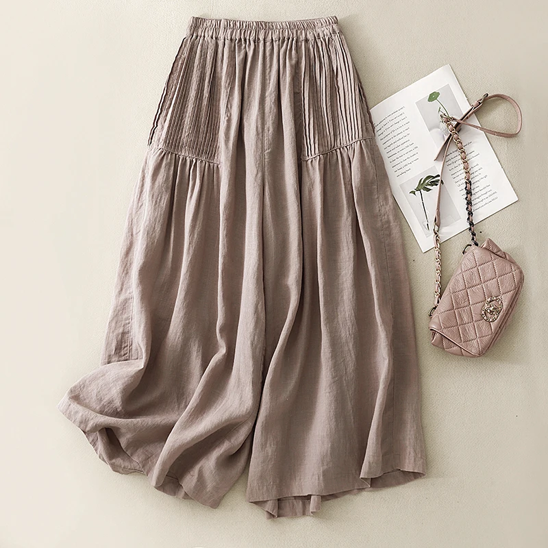 Pantaloni larghi larghi in puro lino Pantaloni casual con gonna a nove piedi Pantaloni a gamba larga in cotone primavera estate a vita larga