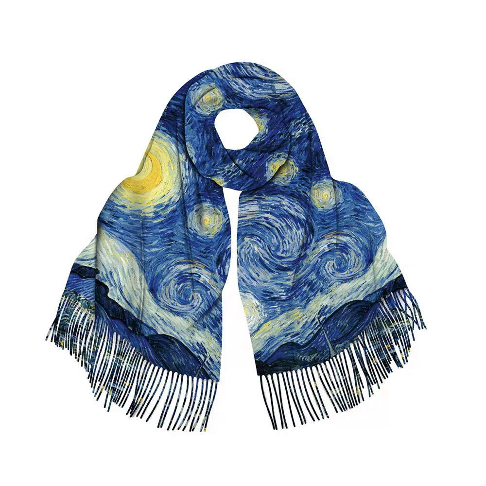 Van gogh pintura a óleo cachecol de caxemira feminino inverno novo céu estrelado pashmina xales e envoltórios senhoras capa cobertor de viagem cachecóis