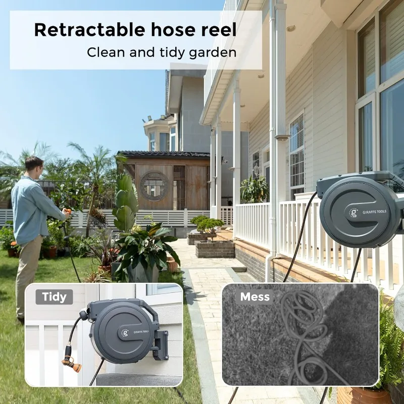 Giraffe Tools Retractable Garden Hose Reel 1/2 Inch x 130 ft, Super, Any Length Lock, Wall Mounted and 180 Deg Swivel Bracket