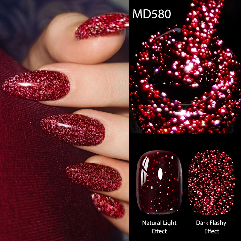 8ml Reflective Glitter Gel Nail Polish Soak Off UV LED Semi Permanent Sparkling Flash Dark Red Purple Nail Art Varnish For Salon