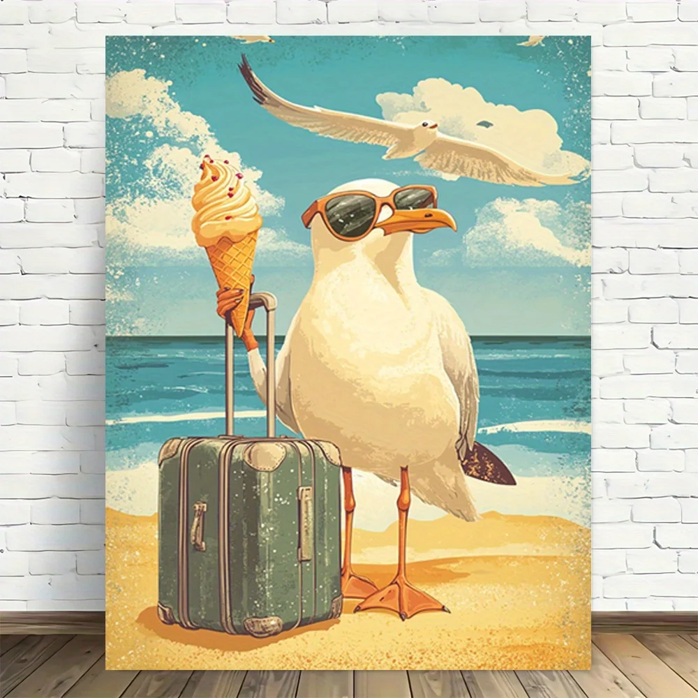 2D Flat, 1pc Frameless Canvas Wall Art - Whimsical Seagull with Ice Cream & Fashion Glasses Beach Scene, Vintage Coastal Deco