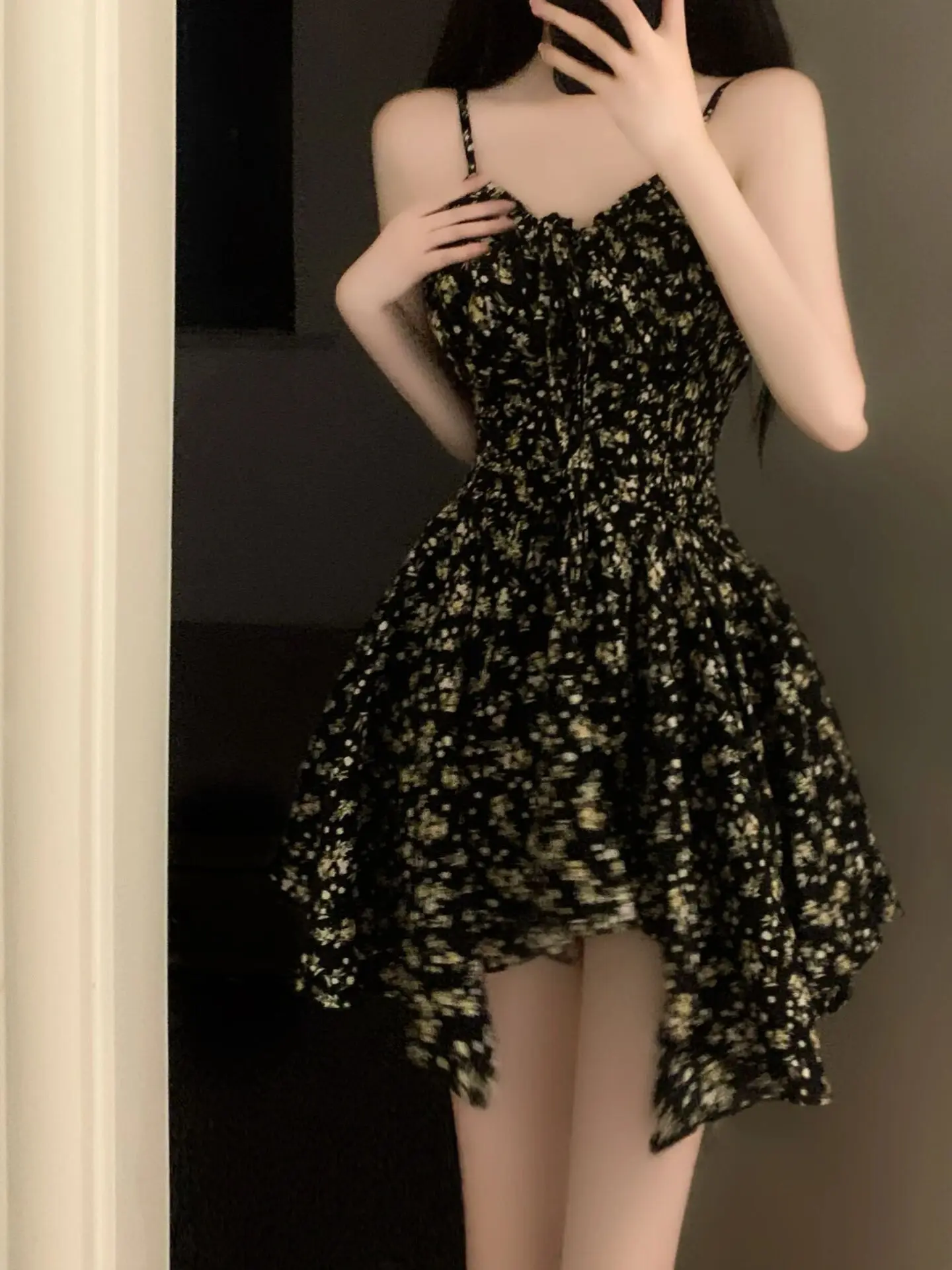 

French Irregular Black Floral Suspender Women Summer Waist-hugging Sexy Dress