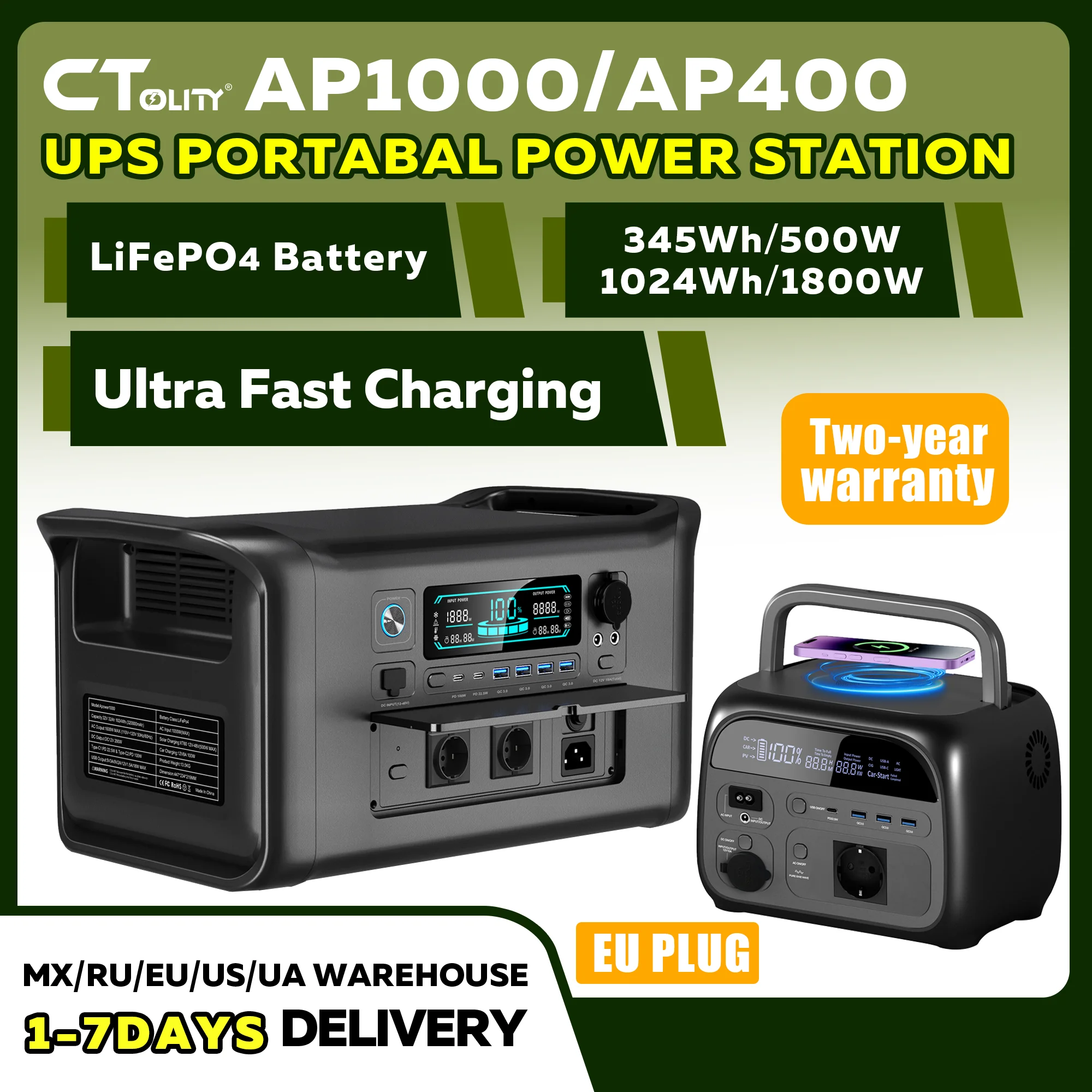 CTOLITY AP1000 AP400 500W/1800W Tragbare Powerstation 345Wh/1024Wh 60000mAh/320000mAh LiFePO4-Akku Solargenerator USV-Funktion Notstromversorgung für Camping und Outdoor