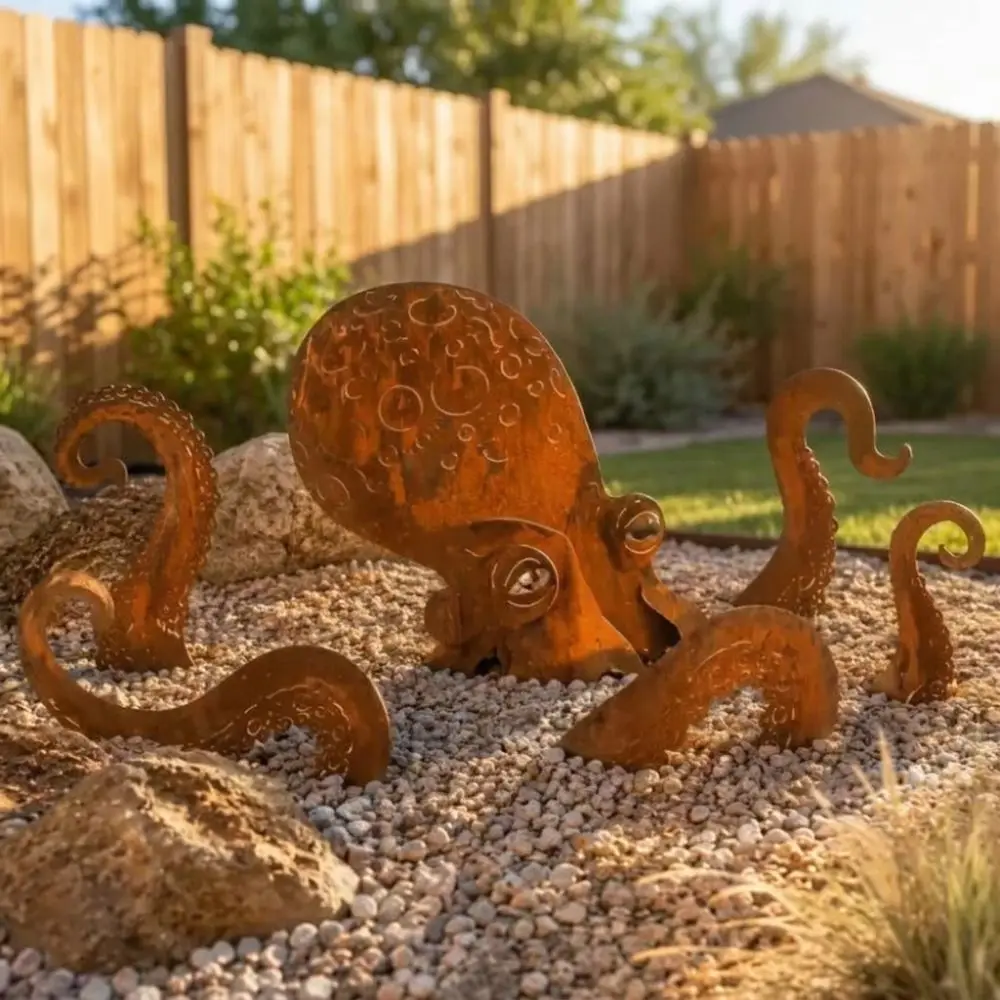 Vintage Iron Rusty Metal Squid Garden Statue Rustic Ocean Style Squid Yard Art Decor Weather-resistant Coastal Art