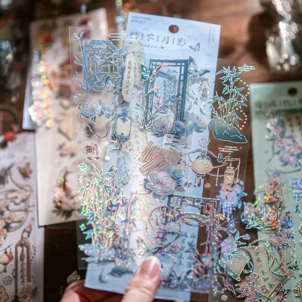 DIY Crafts Moonlight Flower Collage Decals Decorative Aesthetic Holographic Laser Sticker Shiny PVC Embossed Gilding Sticker