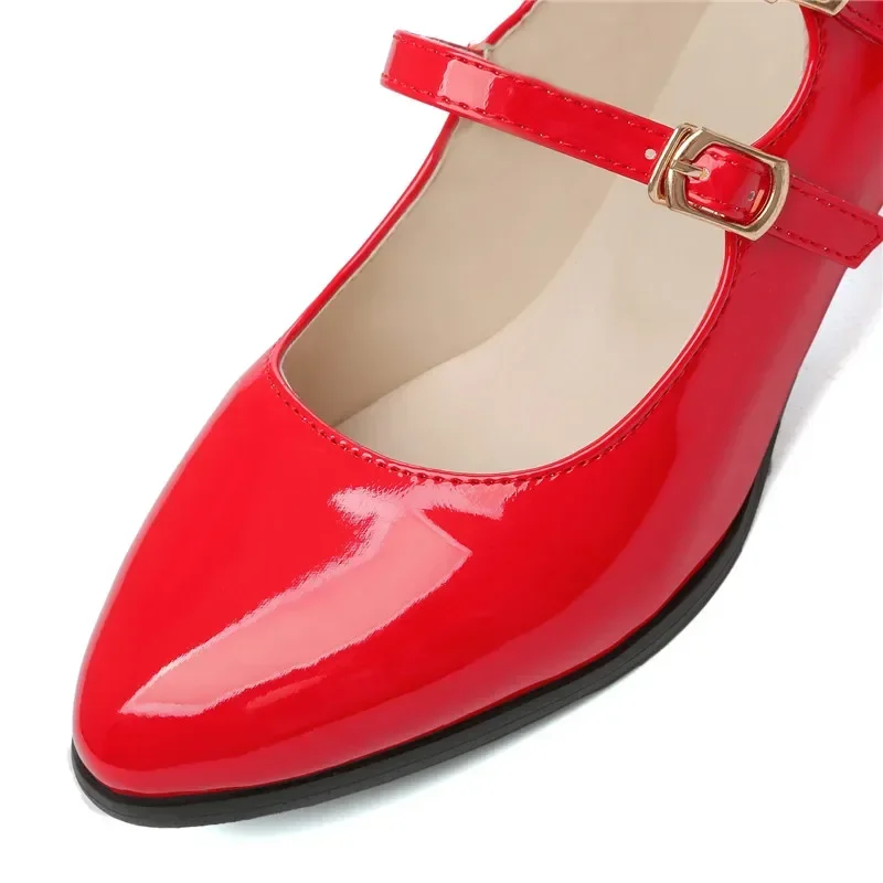 Sweet Red Women Mary Janes Pink Patent Leather Medium Square Heels Round Toe Spring Autumn Dress Office Lady Double Strap Pumps