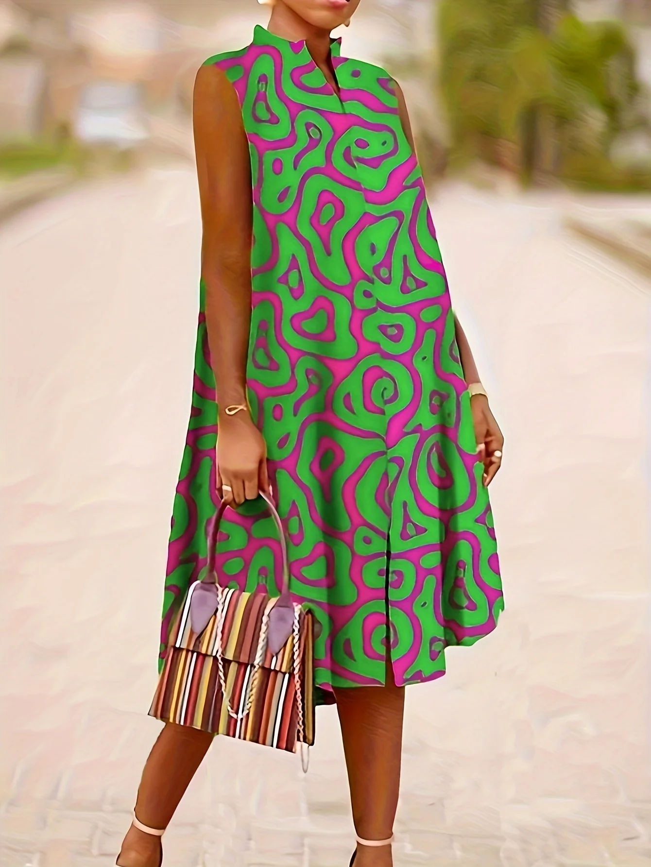 Green casual V-neck sleeveless dress with relaxed fit, ideal for effortless summer styling