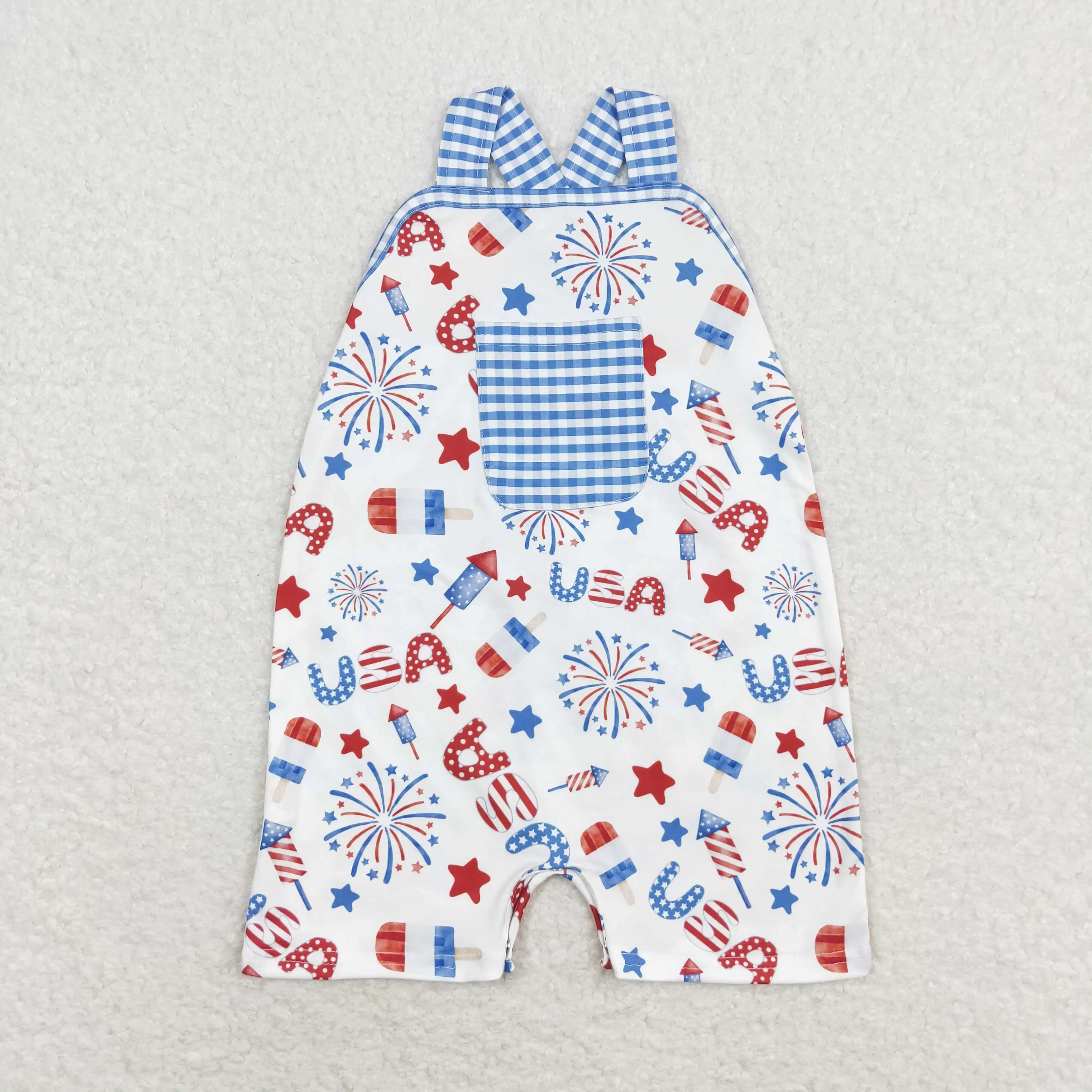 

z95-16 SR1366 New Arrival baby rompers USA star blue white plaid pocket romper Wholesale Summer Boutique boys rompers