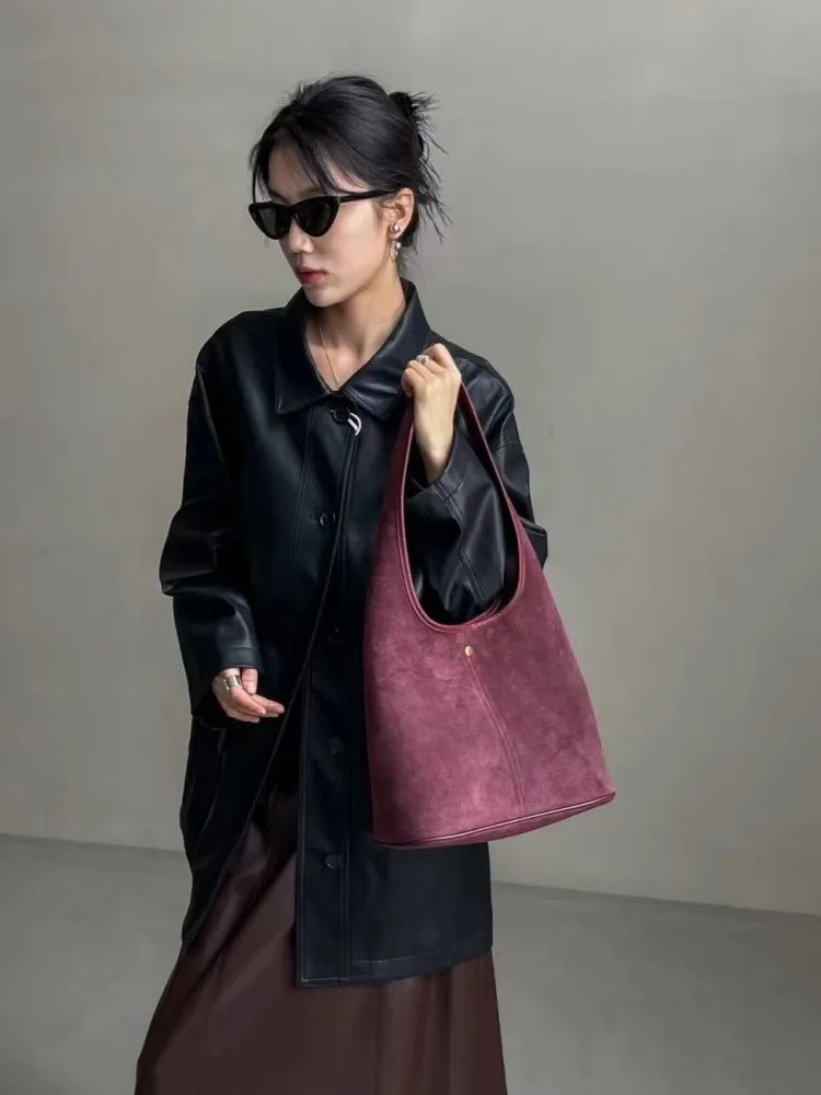 Women Hobos Bag Vintage Solid Color Cow Suede Single Shoulder Bag Versatile Casual Handbag Totes Autumn Office Lady Underarm Bag