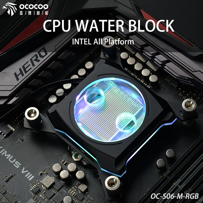 

OCOCOO CPU Water Cooling Block Copper Metal Intel/AMD RGB Light Computer Cooler Support 12th Generation CPU G1/4 Thread S06-M