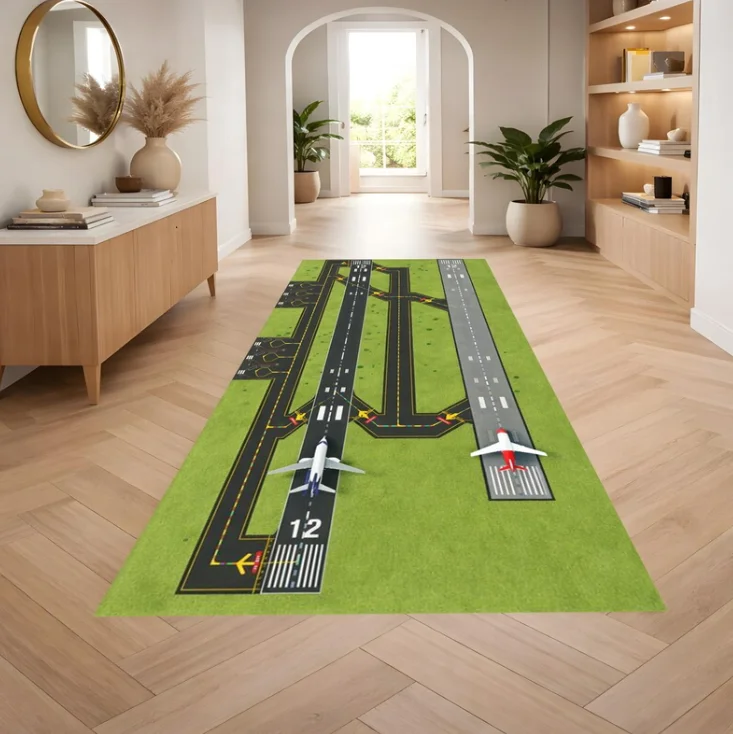 Airport Runway Runner Rug – Airplane Play Mat for Kids Hallways or Aviation Decor Spaces