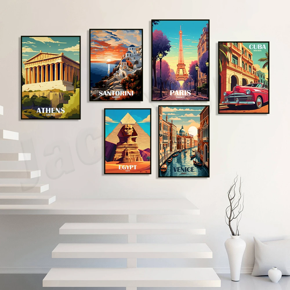 Egypt, Greece, Santorini, Maldives Islands, Honolulu, Hawaii, Cuba, Venice, New York, Paris, Chefchaouen Morocco travel posters