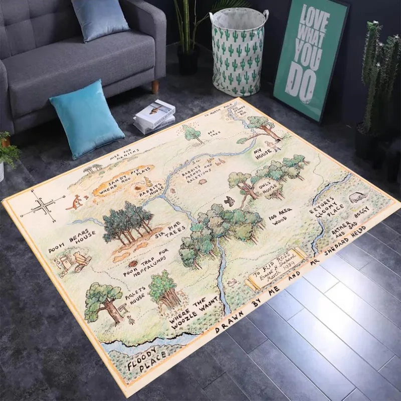 3D Hundred Acre Wood Map Carpet House Label Illustration on Green Rug, Interactive Storybook Floor Mat for Kids Playroom Fashion