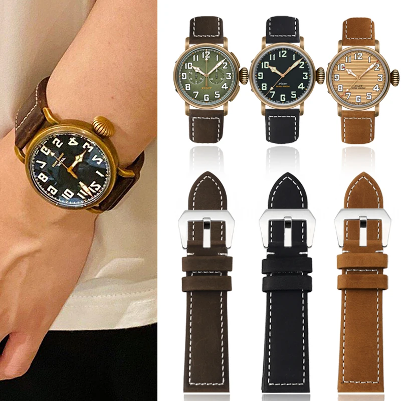 23mm For Zenith Pilot Bronze Luminox Casio PRW-60/30/50/70YT Cartier Genuine Leather WatchBand Cowhide Watch Strap Men Bracelet
