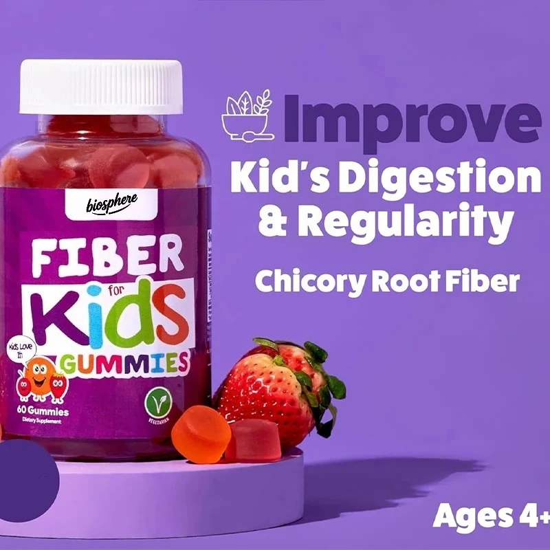 Children's fiber gummies, used for digestive support, constipation relief, vegetarian supplement -60 capsules