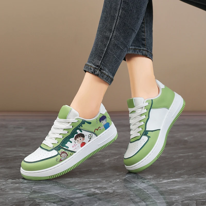 Women Cute Anime Cartoon Print Sneakers White Lace‑Up Platform Skate Shoes Lightweight Casual Daily Street Walking Footwear