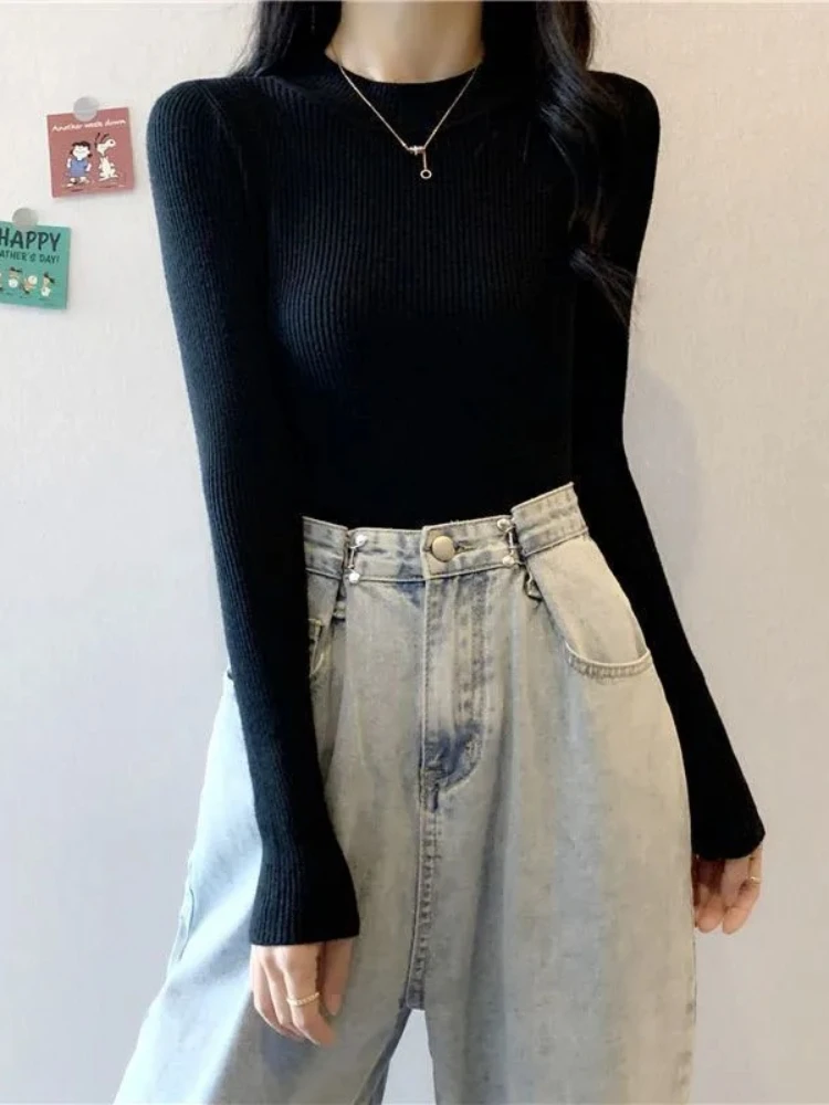 بلوفرات نسائية شتوية أساسية محبوكة سترة جديدة ذات ياقة مدورة موضة كورية بأكمام طويلة تريكو للسيدات سترة ضيقة مرنة