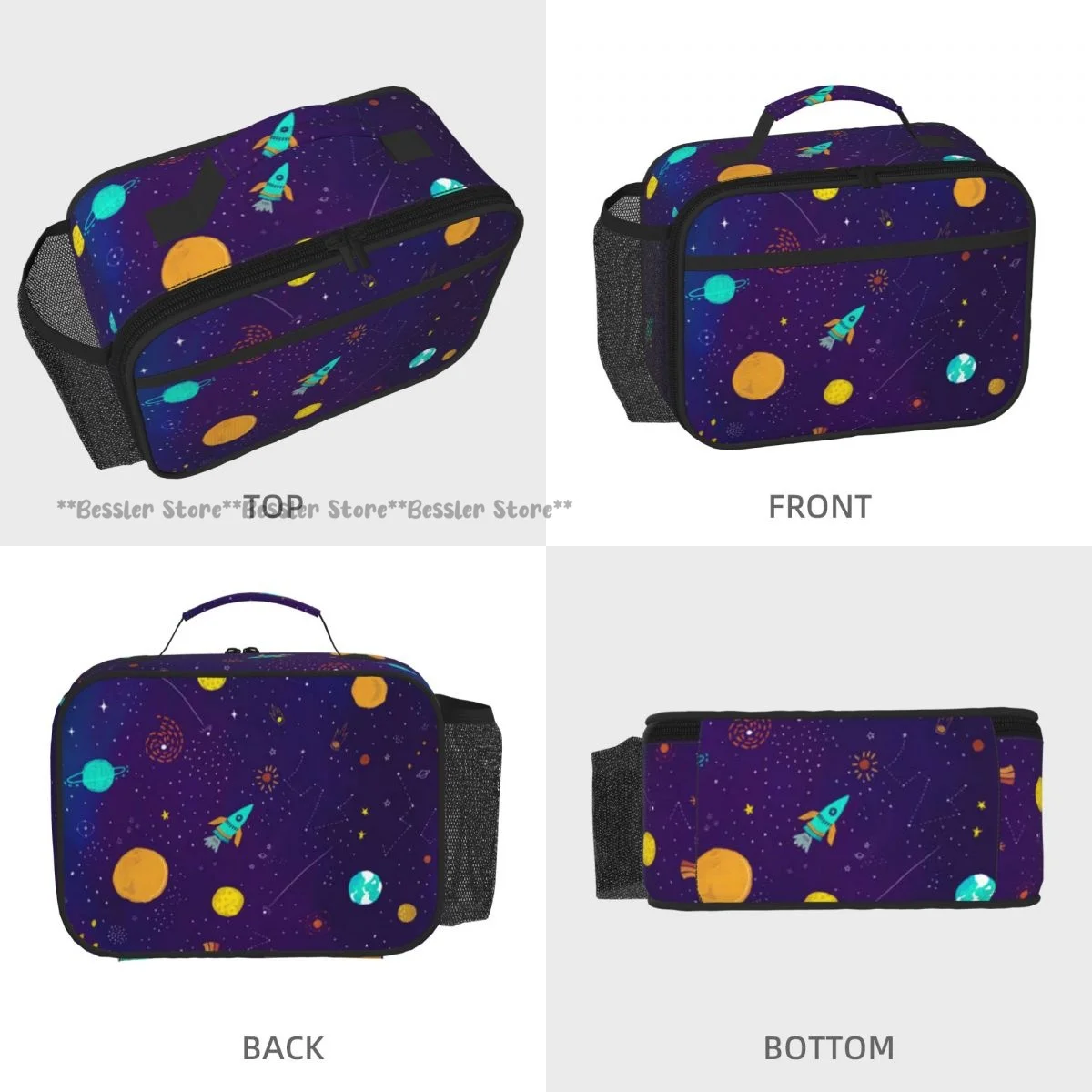 Hand Tote Insulated Lunch Bag Cartoon Rocket Spaceship In Space Thermal Bento Box Handbag for Picnic