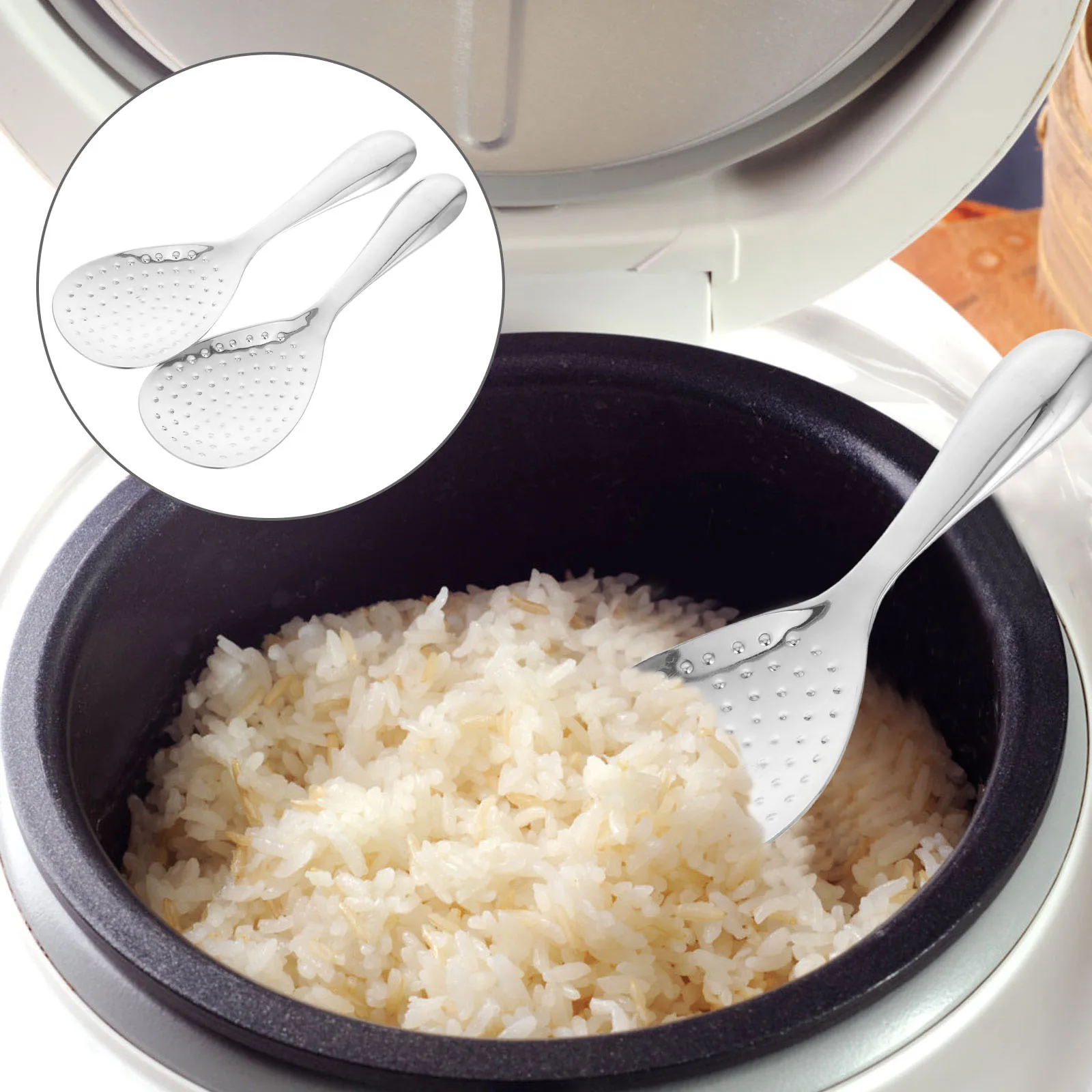 

2pcs Stainless Steel Rice Spoon Set Non-Stick Heat Resistant Thickened Meal Spoon For Kitchen Restaurant Use Reusable