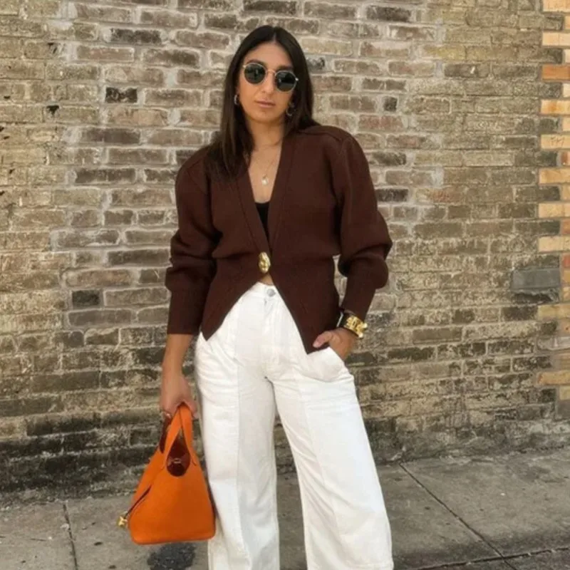 Damskie eleganckie kardigany płaszcze seksowny dekolt w serek pojedynczy guzik długi rękaw sweter dziergany damskie jednolite kardigany modne jesienne swetry