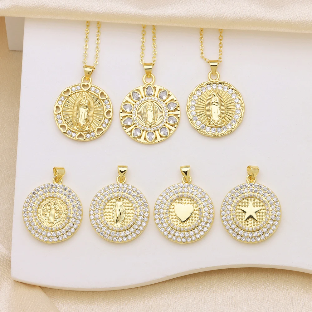 5 pcs/lot Sparkling Full CZ Virgin Mary Necklace Pendant Heart Shaped Star 18K Gold Plated Religious Jewelry Gift for Women