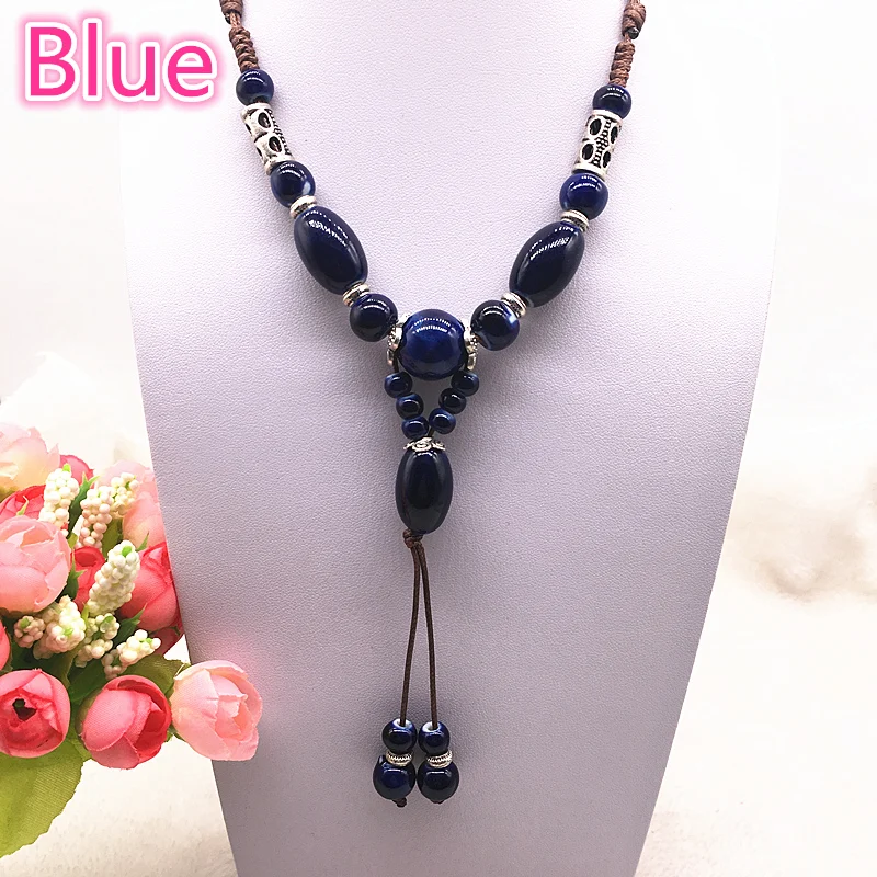 Fashion Ethnic Jewelry Traditional Handmade Ornaments Weave Wax Rope Ceramics Necklace Ceramics Beads Pendant Long Necklace #07