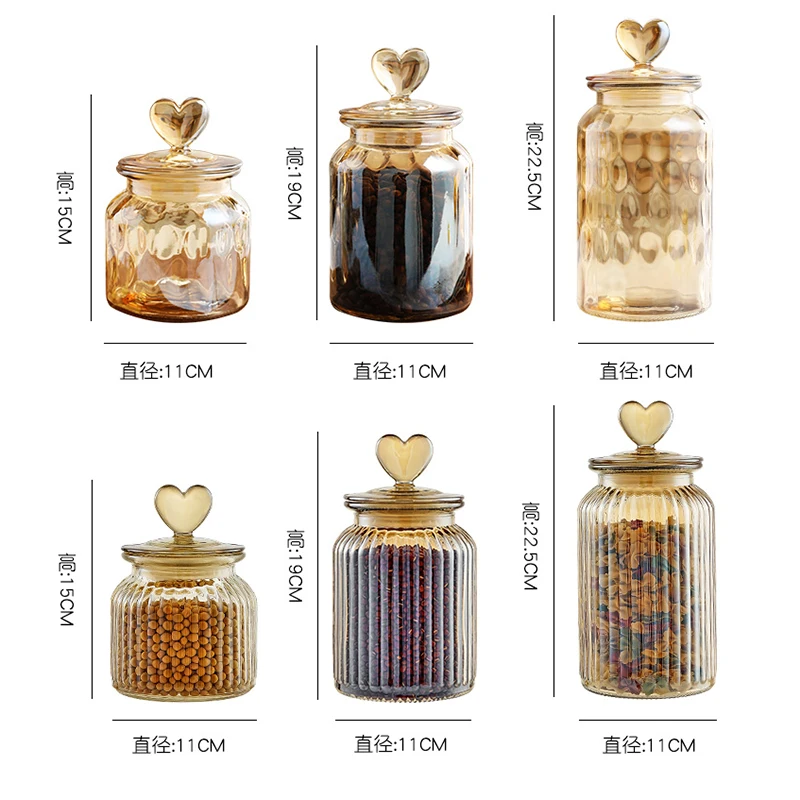 Amber Heart Glass Bottle Sealed Jar with Lid Kitchen Food Storage Container Nut Coffee Bean Candy Jar Clear Glass Box Home Decor