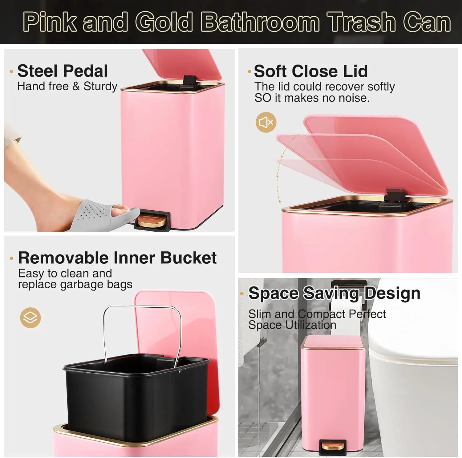 طقم إكسسوارات الحمام الوردي مكون من 8 قطع طقم حمام وردي وذهبي، أطقم حمام مع سلة مهملات من الفولاذ المقاوم للصدأ، فرشاة تواليت، جديد #4