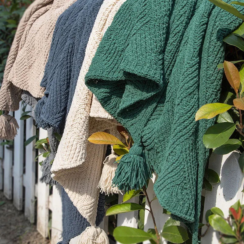 Modern Plain Color Green Ivory Khaki Gray Knitted Blanket Cotton Bedspread Cobertor Vintage Artistic Throw Bedding