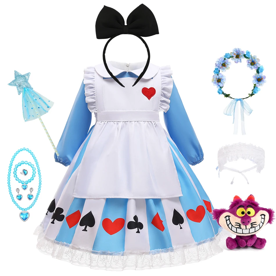 Girls Alice Cosplay Dress Children Long Sleeve Blue Maid Outfit with Poker Card Hem Kids Halloween Carnival Party Costume