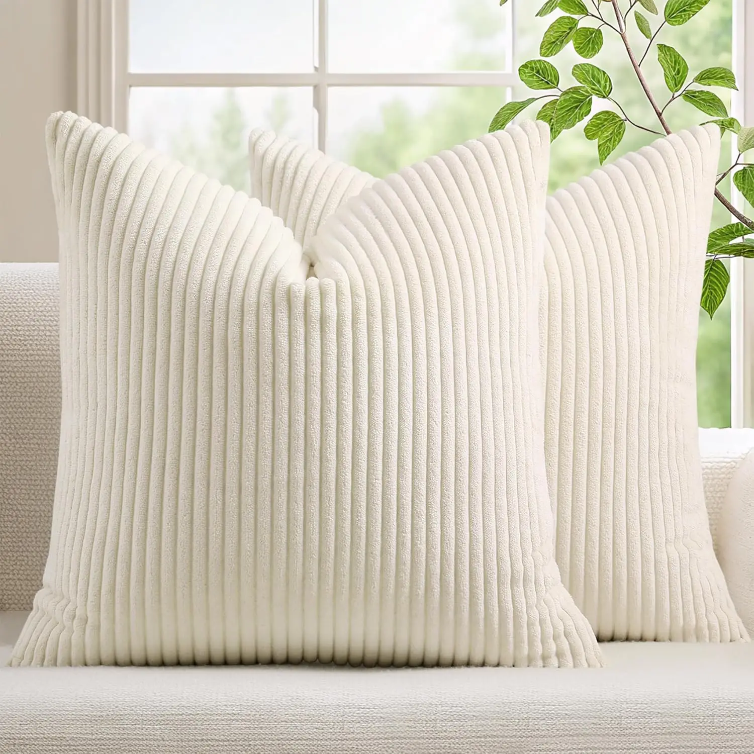 

Soft Corduroy Throw Pillow Covers Set of 2, 18x18 Cream White for Sofa Living Room Home Decor