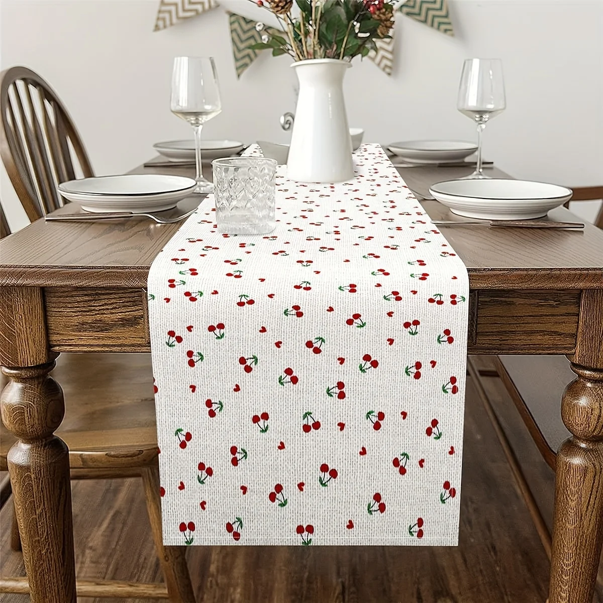 Kawaii Cherry Linen Table Runner Rectangle Woven Fruit Pattern Decor for Dining Table Kitchen Dresser Home Party