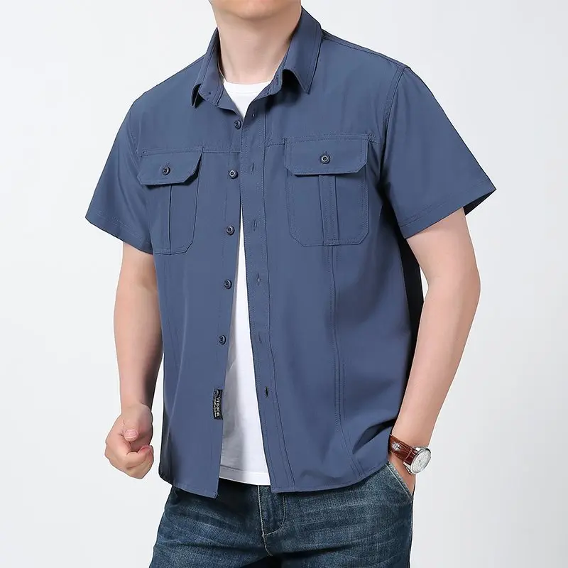 

Outdoor Casual Short Sleeve Shirt Men's Loose Fit Pure Color Young Middle-aged Workwear Modern Style Square Collar Top