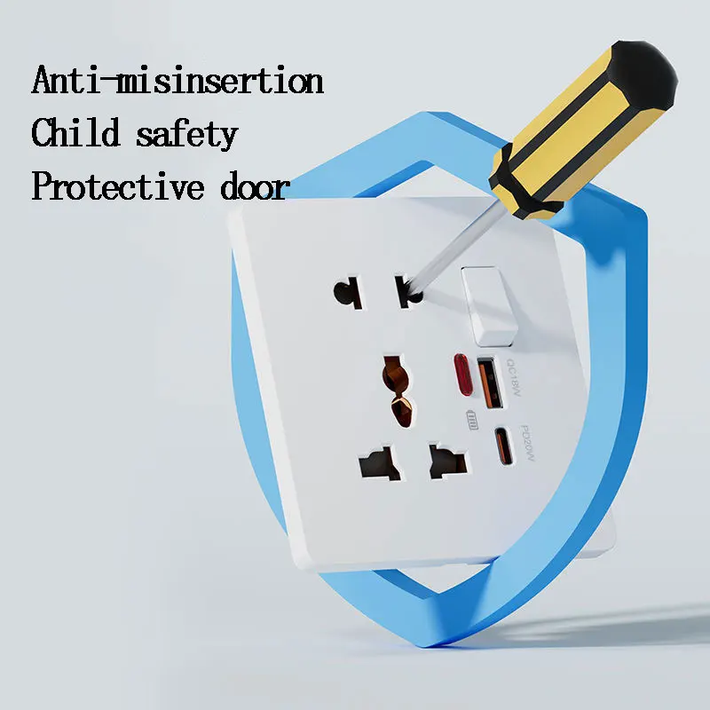 86 Type Wall Multifunctional 1Gang Five-Hole Socket With Switch Control Type-c Port Fast Charging 20W Usb Charging Socket Panel