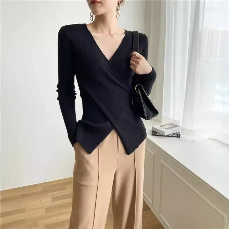 Women Twist Cable Cross V Neck Knit Wrap Cardigan Crop Top Sweater Thick Long Sleeve Belted Jacket Coat Pull Jumper Knitwear