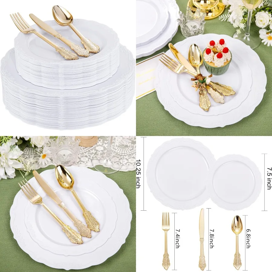 

150Pcs White Plastic Plates and Gold Plastic Silverware Set for Wedding Party and Event Celebrations Includes 30 Dinner Plates