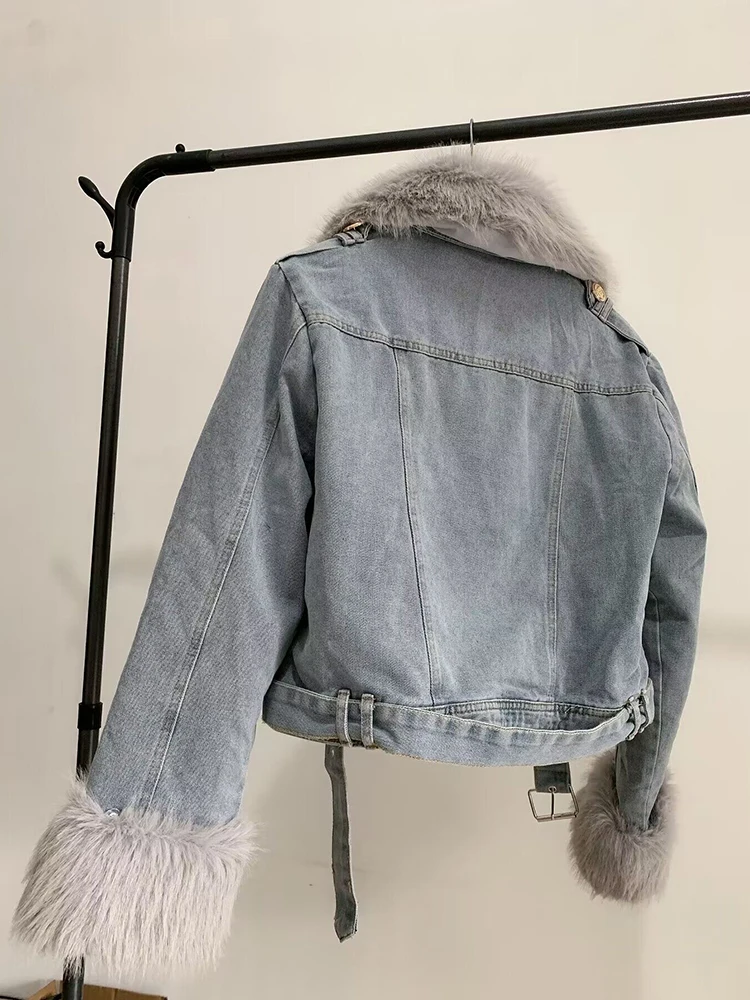 Winter Faux Fur Collar Belt Blue Warm Denim Jacket Female Vintage Casual Fur Liner Double Breasted Metal Buttons Women Outwear